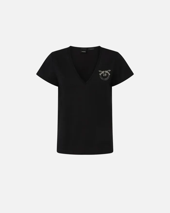 Pinko Vneck Tshirt With Jewel Embroidery Limo Black Women Topwear