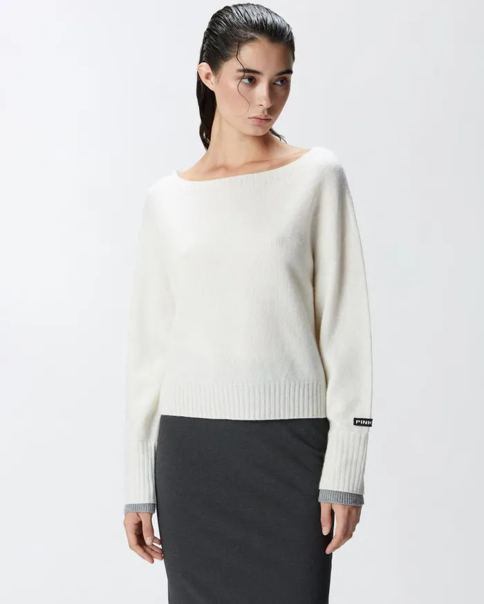 Pinko Wool And Cashmere Boatneck Sweater Whitegrey Women Knitwear