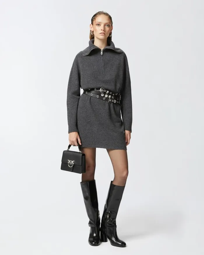 Pinko Wool And Cashmere High Neck Mini Dress Greycrow Women Dresses