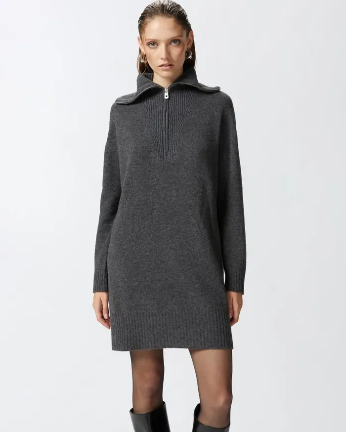 Pinko Wool And Cashmere High Neck Mini Dress Greycrow Women Dresses