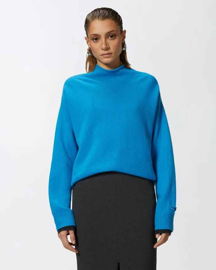 Pinko Wool And Cashmere Sweater With Standup Collar Turquoisegrey Women Knitwear