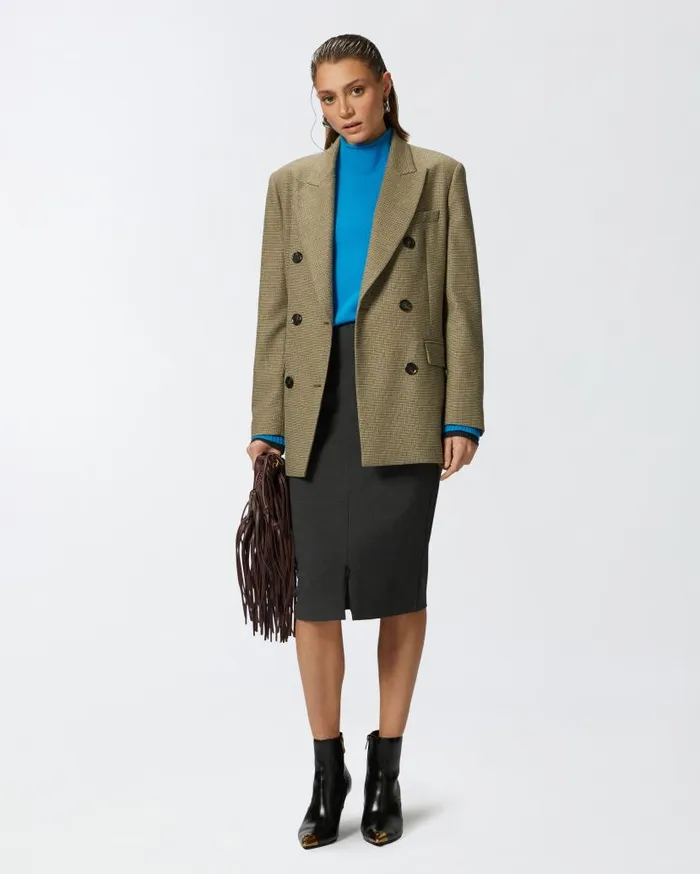 Pinko Wool And Cashmere Sweater With Standup Collar Turquoisegrey Women Knitwear