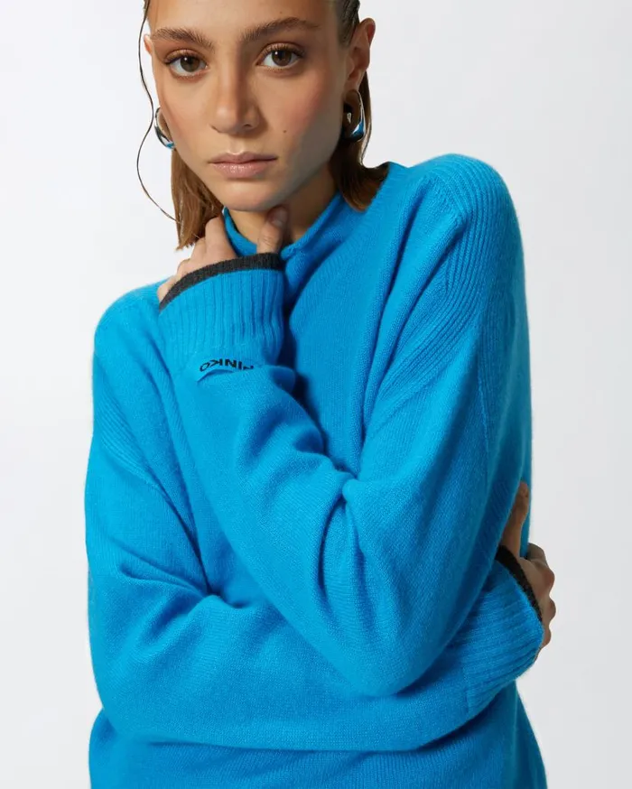 Pinko Wool And Cashmere Sweater With Standup Collar Turquoisegrey Women Knitwear