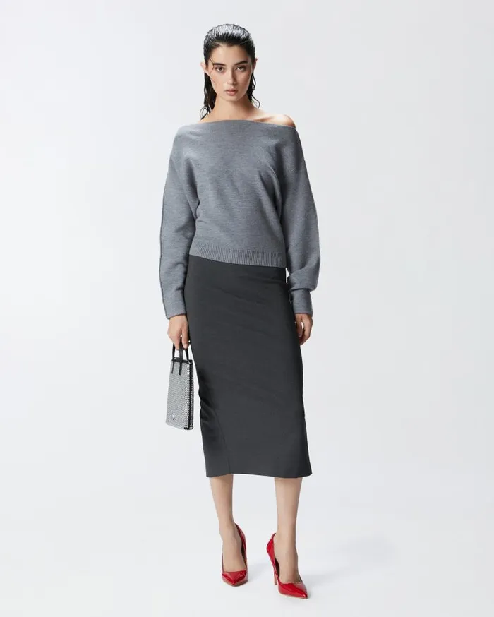 Pinko Wool Sweater With Boat Neckline Folklore Grey Women Knitwear