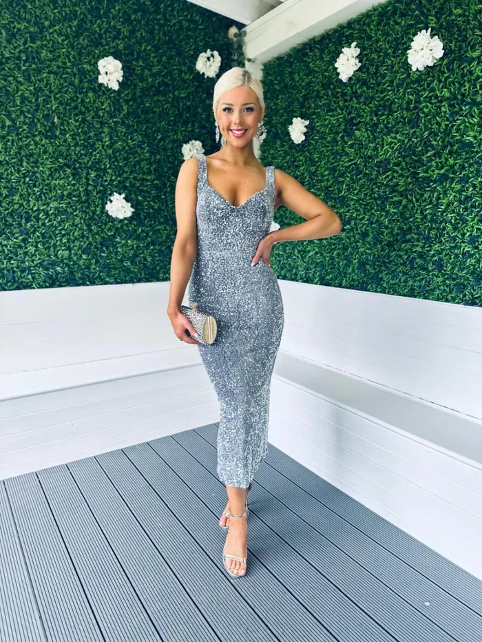 Pippa Occasion Midi Dress Sequin Grey Womens Canella Lane Midi