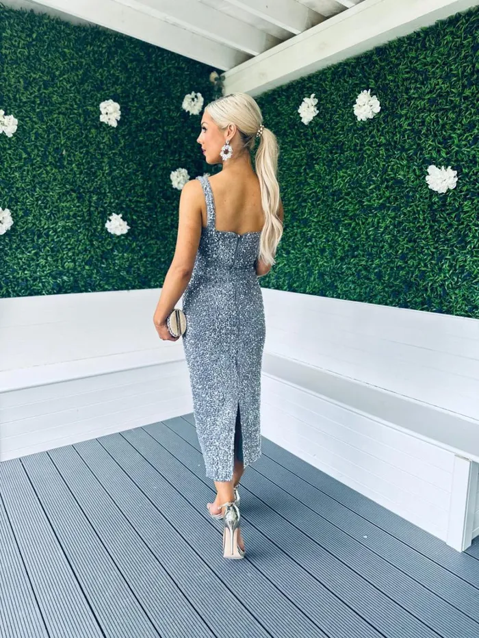 Pippa Occasion Midi Dress Sequin Grey Womens Canella Lane Midi