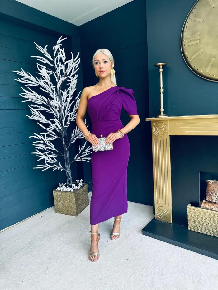 Rachel One Shoulder Occasion Midi Dress Berry Womens Canella Lane Maxi