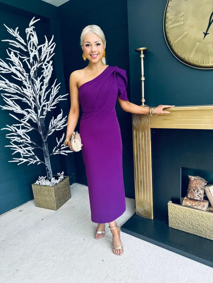 Rachel One Shoulder Occasion Midi Dress Berry Womens Canella Lane Maxi