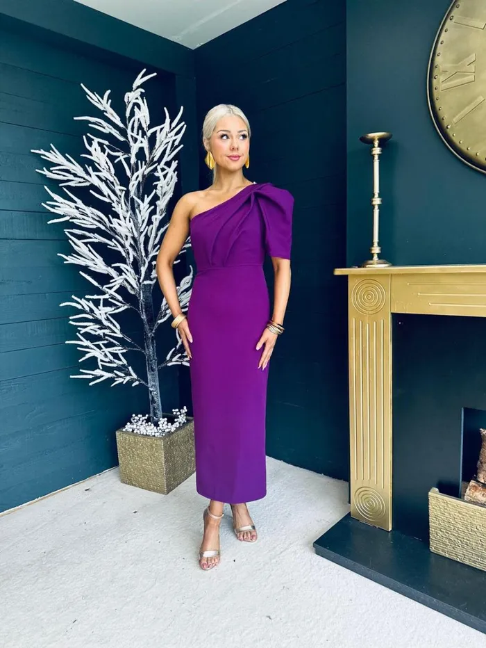 Rachel One Shoulder Occasion Midi Dress Berry Womens Canella Lane Maxi