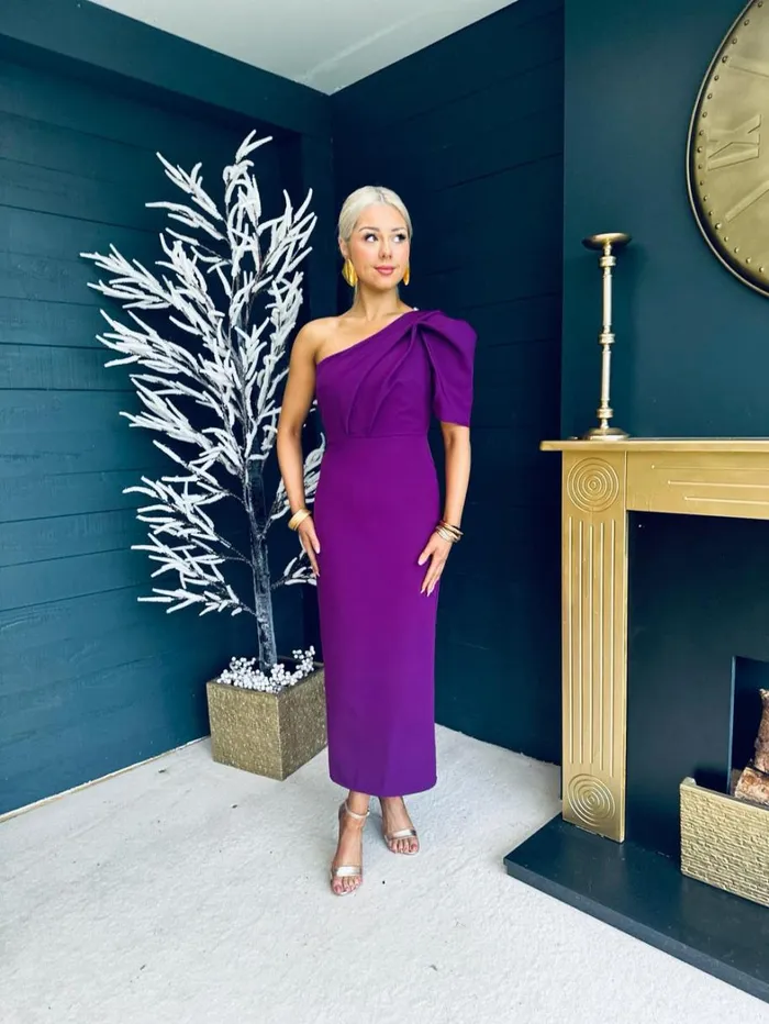 Rachel One Shoulder Occasion Midi Dress Berry Womens Canella Lane Maxi
