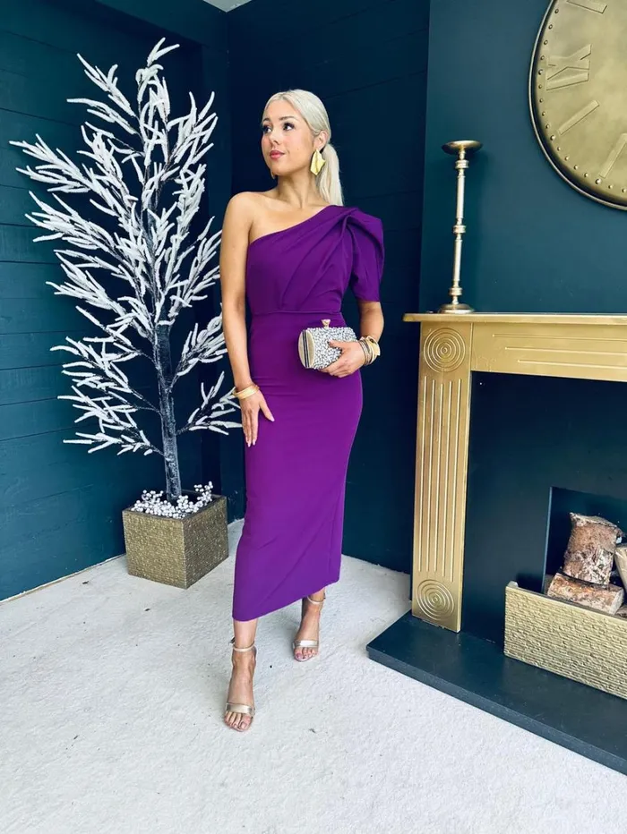 Rachel One Shoulder Occasion Midi Dress Berry Womens Canella Lane Maxi