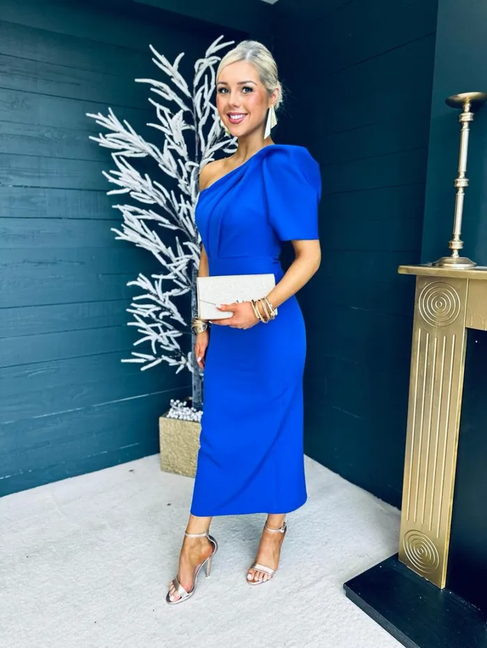 Rachel One Shoulder Occasion Midi Dress Cobalt Womens Canella Lane Maxi