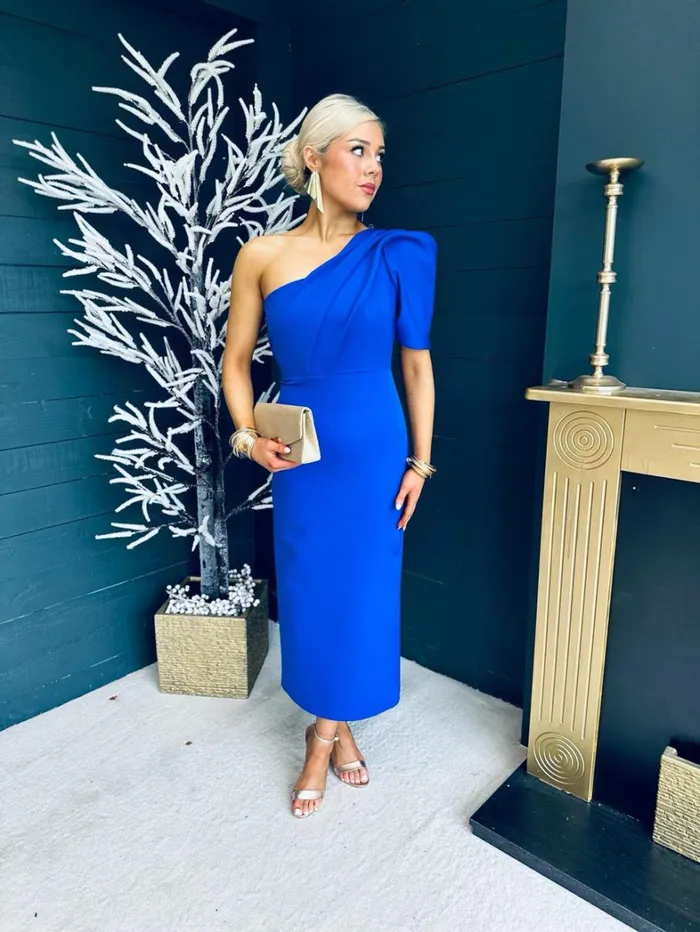Rachel One Shoulder Occasion Midi Dress Cobalt Womens Canella Lane Maxi