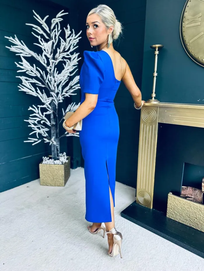 Rachel One Shoulder Occasion Midi Dress Cobalt Womens Canella Lane Maxi