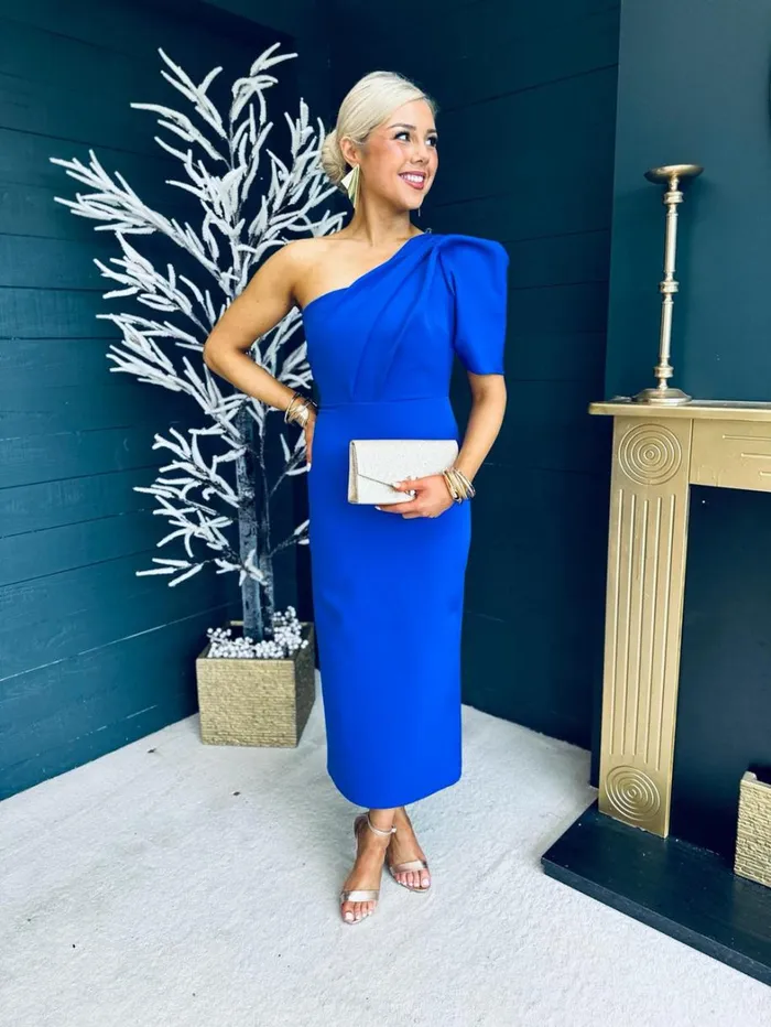 Rachel One Shoulder Occasion Midi Dress Cobalt Womens Canella Lane Maxi