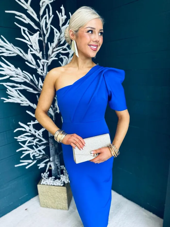 Rachel One Shoulder Occasion Midi Dress Cobalt Womens Canella Lane Maxi