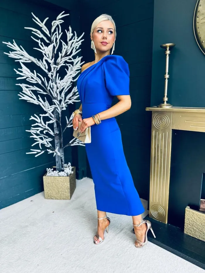 Rachel One Shoulder Occasion Midi Dress Cobalt Womens Canella Lane Maxi