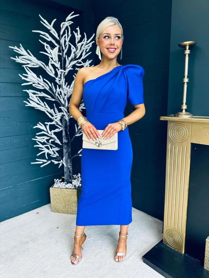 Rachel One Shoulder Occasion Midi Dress Cobalt Womens Canella Lane Maxi