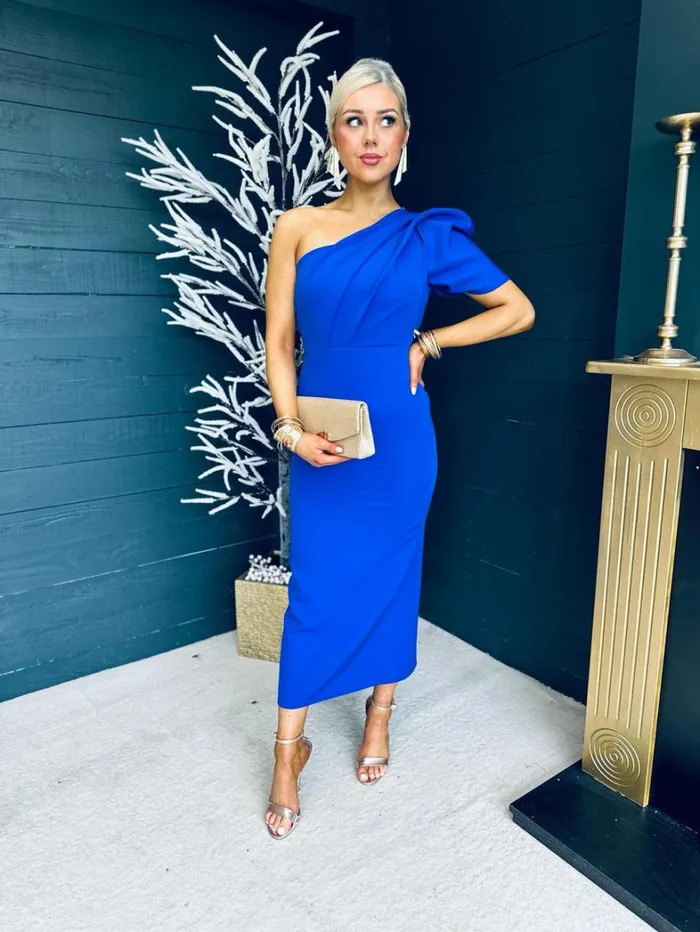Rachel One Shoulder Occasion Midi Dress Cobalt Womens Canella Lane Maxi
