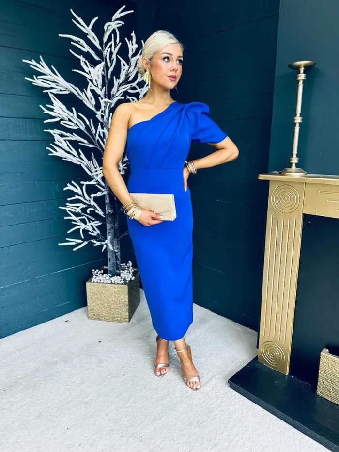 Rachel One Shoulder Occasion Midi Dress Cobalt Womens Canella Lane Maxi