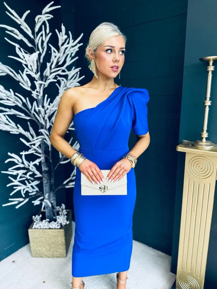 Rachel One Shoulder Occasion Midi Dress Cobalt Womens Canella Lane Maxi