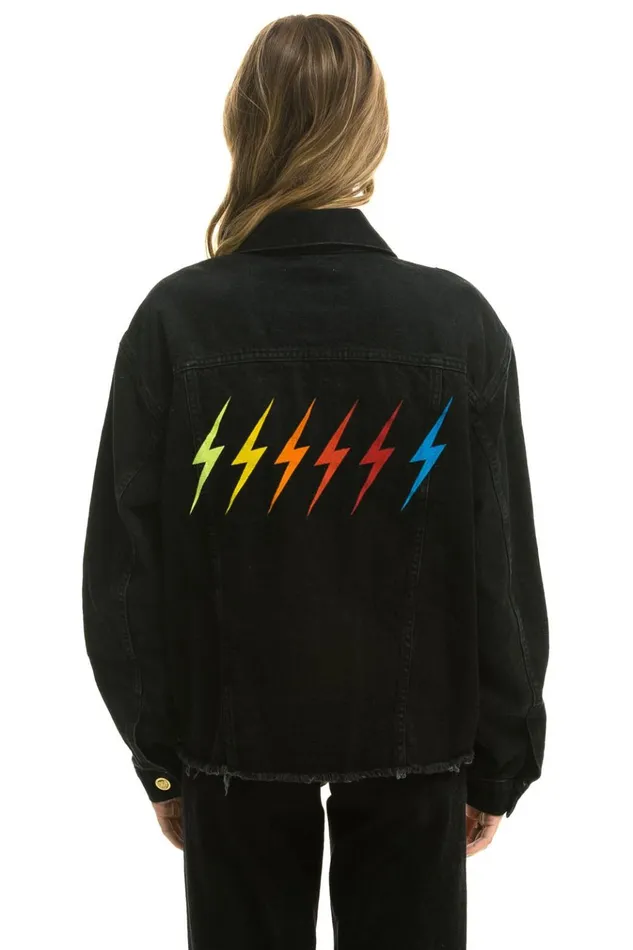RAINBOW BOLT OVERSIZED CROP DENIM JACKET 8211 VINTAGE BLACK Women Aviator Nation Denim