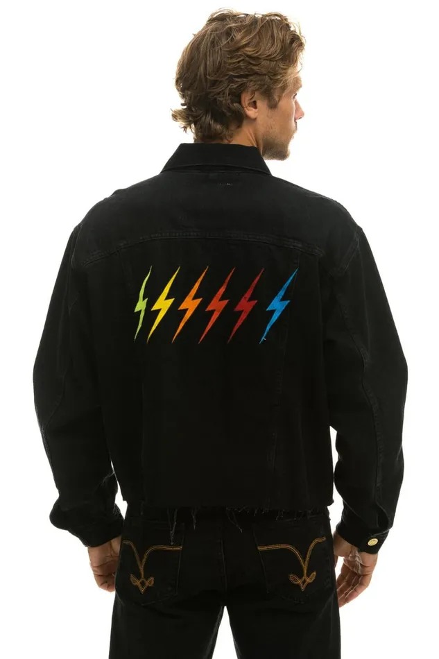RAINBOW BOLT OVERSIZED CROP DENIM JACKET 8211 VINTAGE BLACK Women Aviator Nation Denim