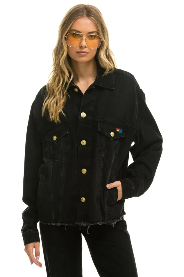 RAINBOW BOLT OVERSIZED CROP DENIM JACKET 8211 VINTAGE BLACK Women Aviator Nation Denim