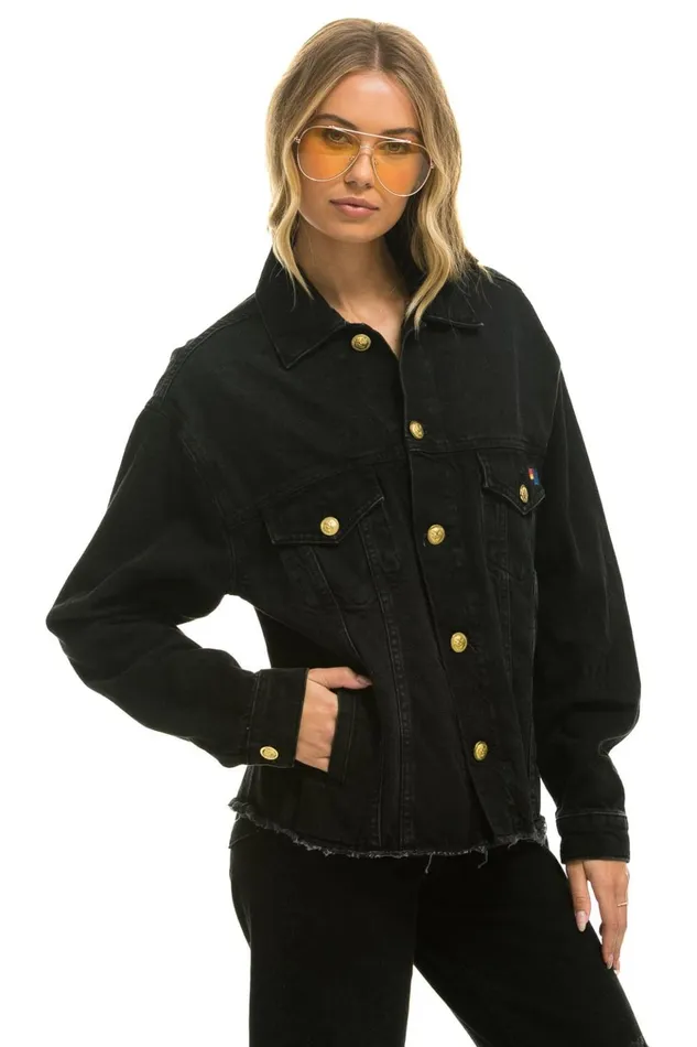 RAINBOW BOLT OVERSIZED CROP DENIM JACKET 8211 VINTAGE BLACK Women Aviator Nation Denim