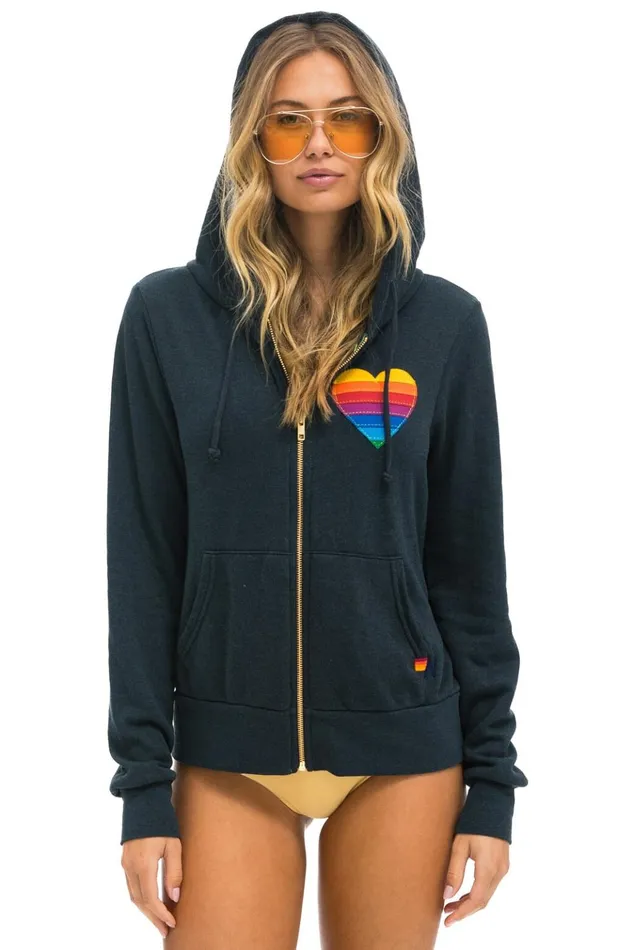 RAINBOW HEART STITCH ZIP HOODIE 8211 CHARCOAL Women Aviator Nation Hoodies