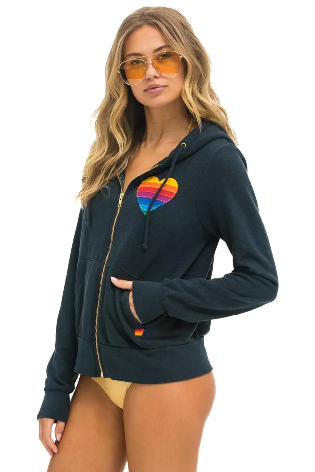 RAINBOW HEART STITCH ZIP HOODIE 8211 CHARCOAL Women Aviator Nation Hoodies