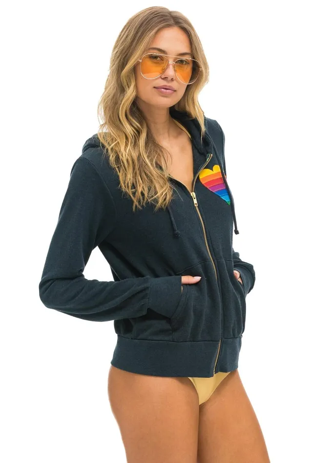 RAINBOW HEART STITCH ZIP HOODIE 8211 CHARCOAL Women Aviator Nation Hoodies