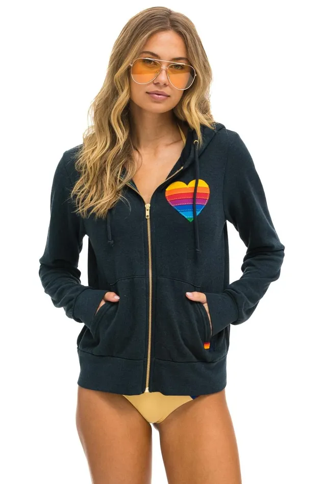 RAINBOW HEART STITCH ZIP HOODIE 8211 CHARCOAL Women Aviator Nation Hoodies