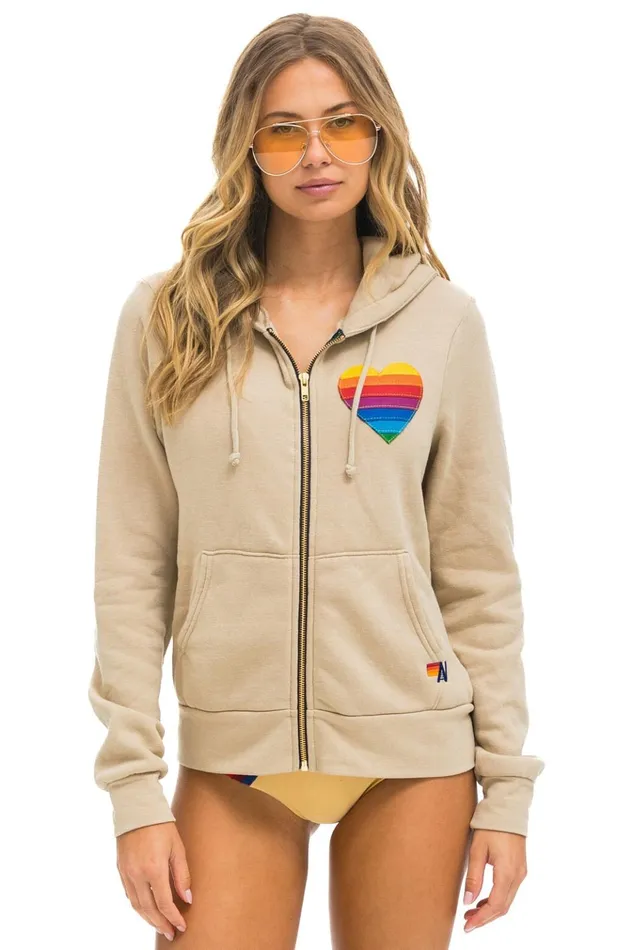 RAINBOW HEART STITCH ZIP HOODIE 8211 SAND Women Aviator Nation Hoodies