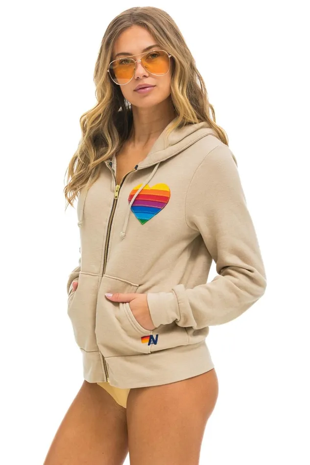 RAINBOW HEART STITCH ZIP HOODIE 8211 SAND Women Aviator Nation Hoodies