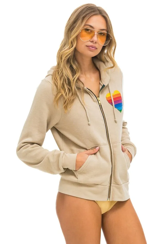 RAINBOW HEART STITCH ZIP HOODIE 8211 SAND Women Aviator Nation Hoodies