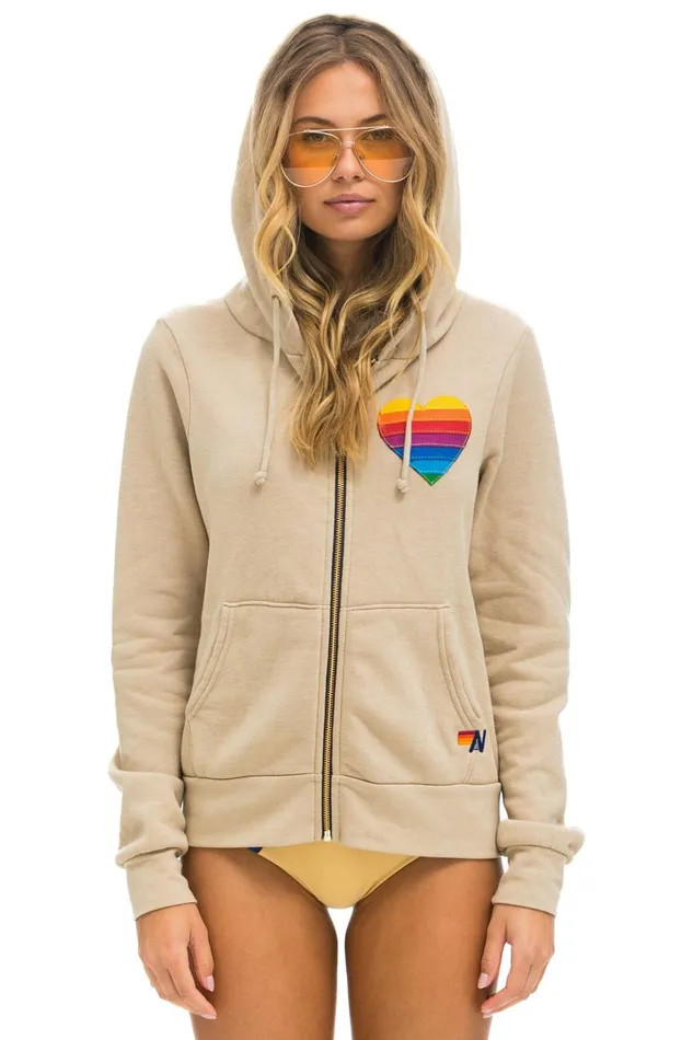 RAINBOW HEART STITCH ZIP HOODIE 8211 SAND Women Aviator Nation Hoodies