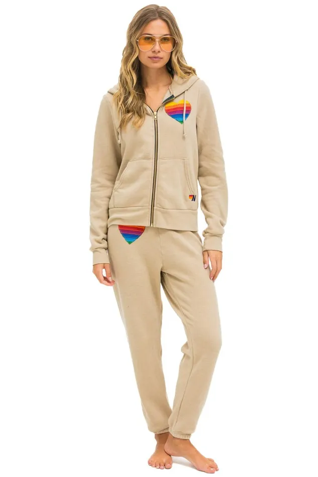 RAINBOW HEART STITCH ZIP HOODIE 8211 SAND Women Aviator Nation Hoodies