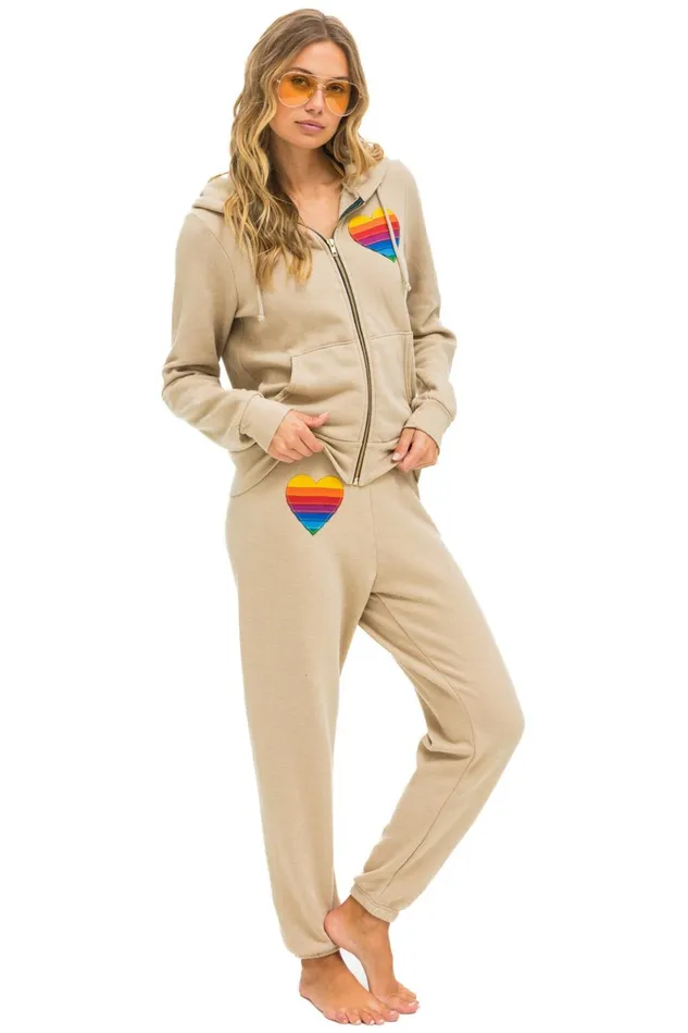 RAINBOW HEART STITCH ZIP HOODIE 8211 SAND Women Aviator Nation Hoodies