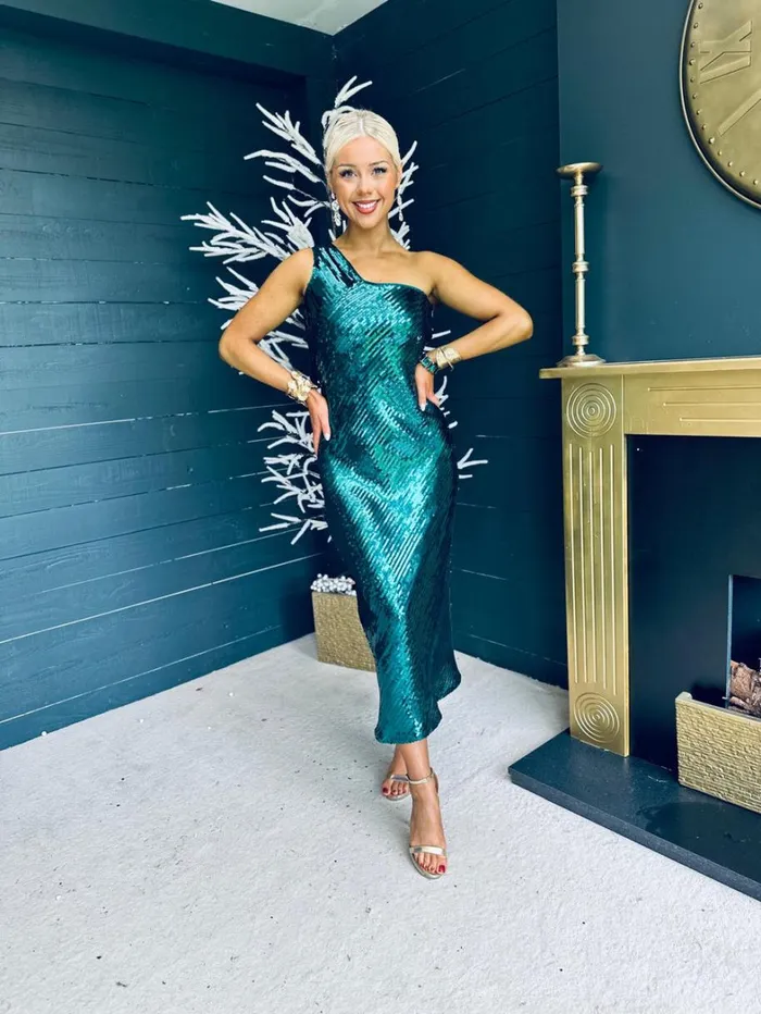 Ramona Sequin One Shoulder Maxi Dress Green Womens Canella Lane Evening Dress
