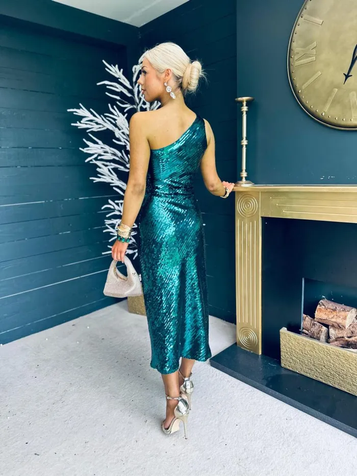 Ramona Sequin One Shoulder Maxi Dress Green Womens Canella Lane Evening Dress