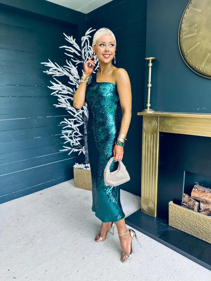Ramona Sequin One Shoulder Maxi Dress Green Womens Canella Lane Evening Dress