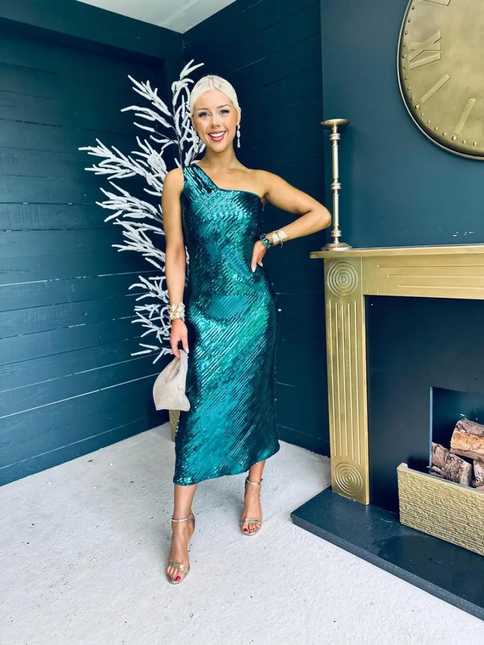 Ramona Sequin One Shoulder Maxi Dress Green Womens Canella Lane Evening Dress