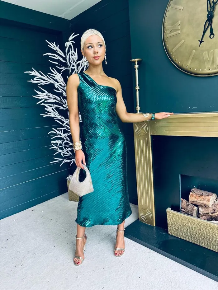 Ramona Sequin One Shoulder Maxi Dress Green Womens Canella Lane Evening Dress