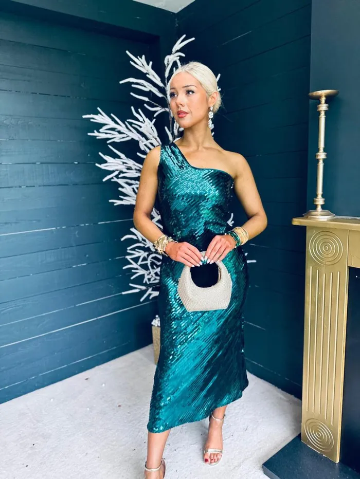 Ramona Sequin One Shoulder Maxi Dress Green Womens Canella Lane Evening Dress