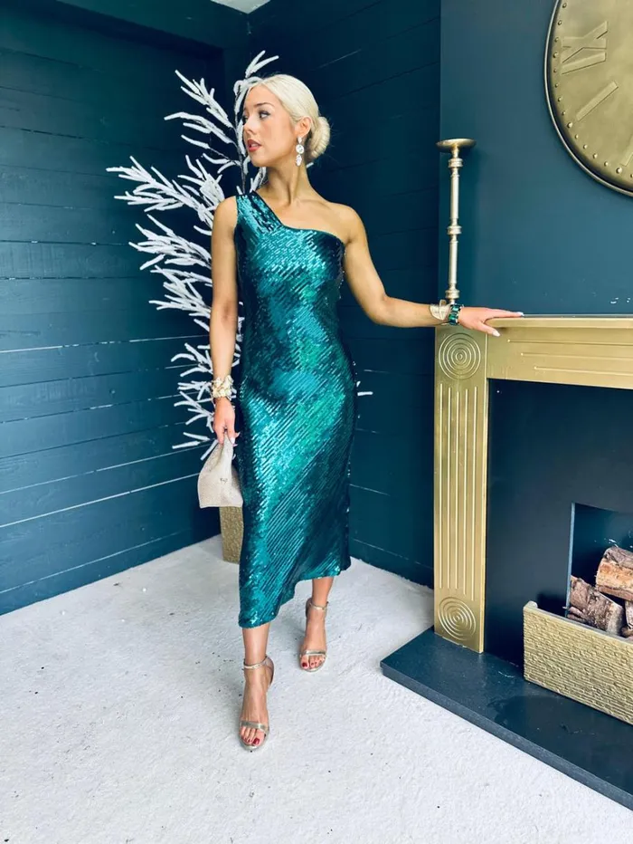 Ramona Sequin One Shoulder Maxi Dress Green Womens Canella Lane Evening Dress
