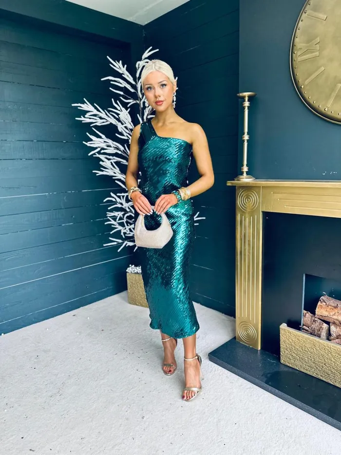 Ramona Sequin One Shoulder Maxi Dress Green Womens Canella Lane Evening Dress