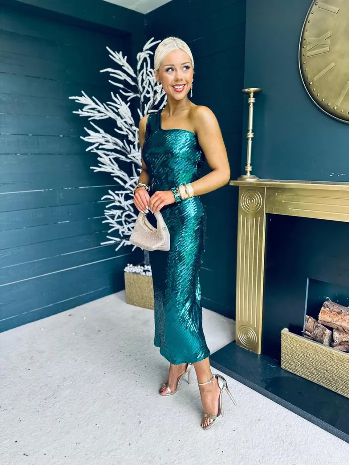 Ramona Sequin One Shoulder Maxi Dress Green Womens Canella Lane Evening Dress