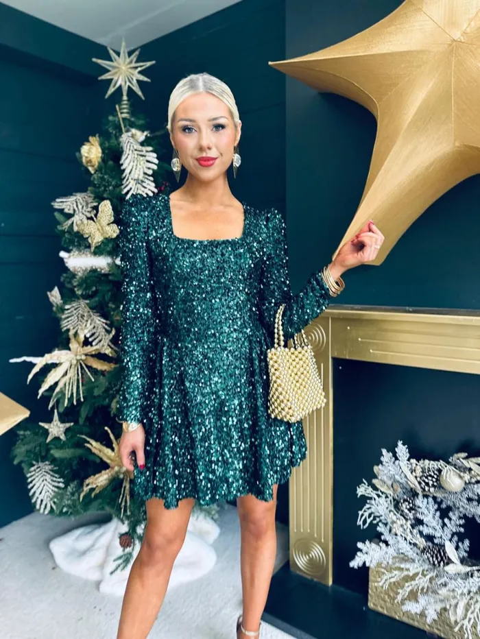 Rhonda Square Neck Sequin Mini Dress Forest Womens Canella Lane Evening Dress