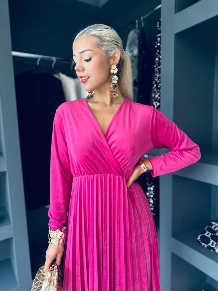 Riadh Pleated Velvet Dress Magenta Womens Canella Lane Evening Dress